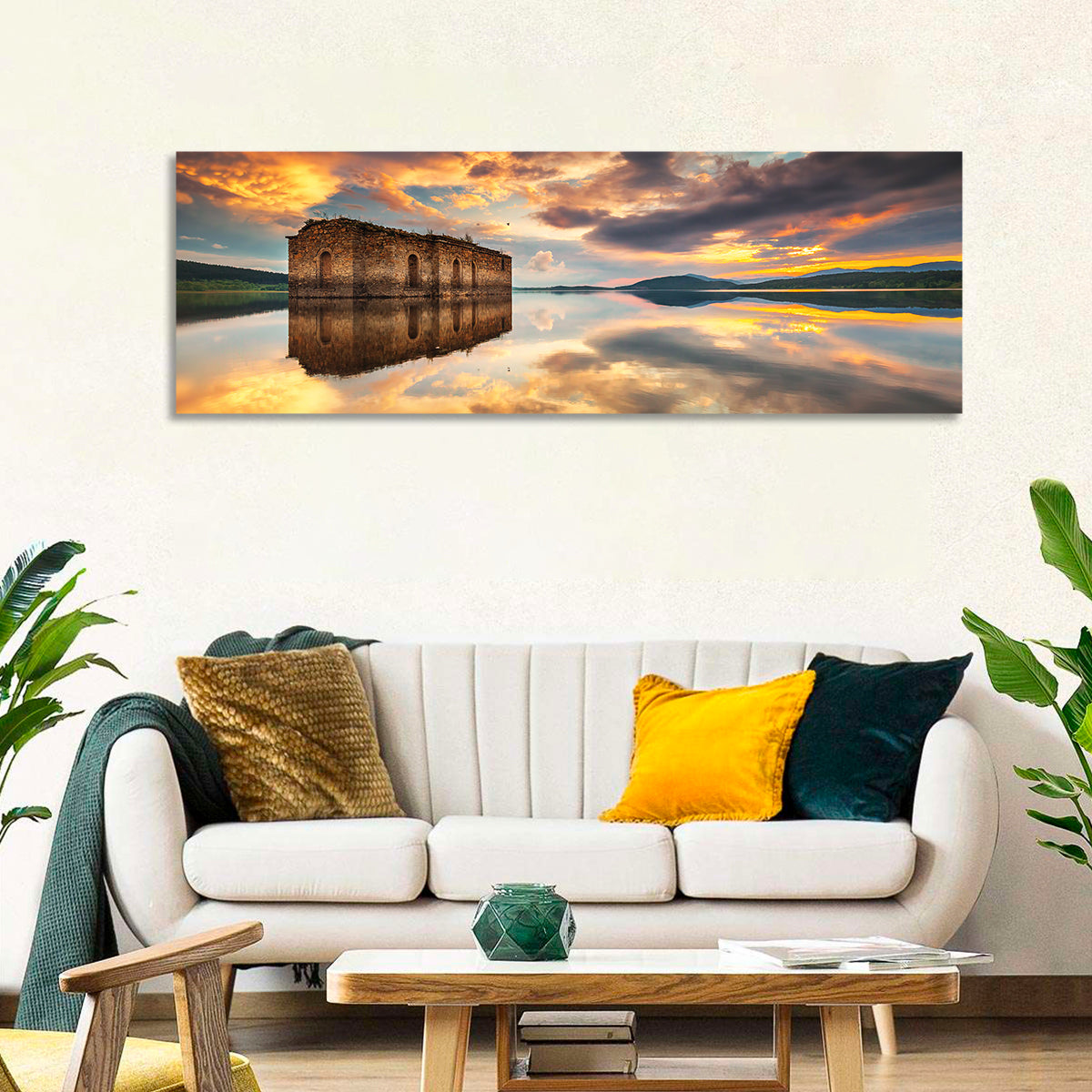 Sunken Church at Zhrebchevo Dam Wall Art in a room, panoramic