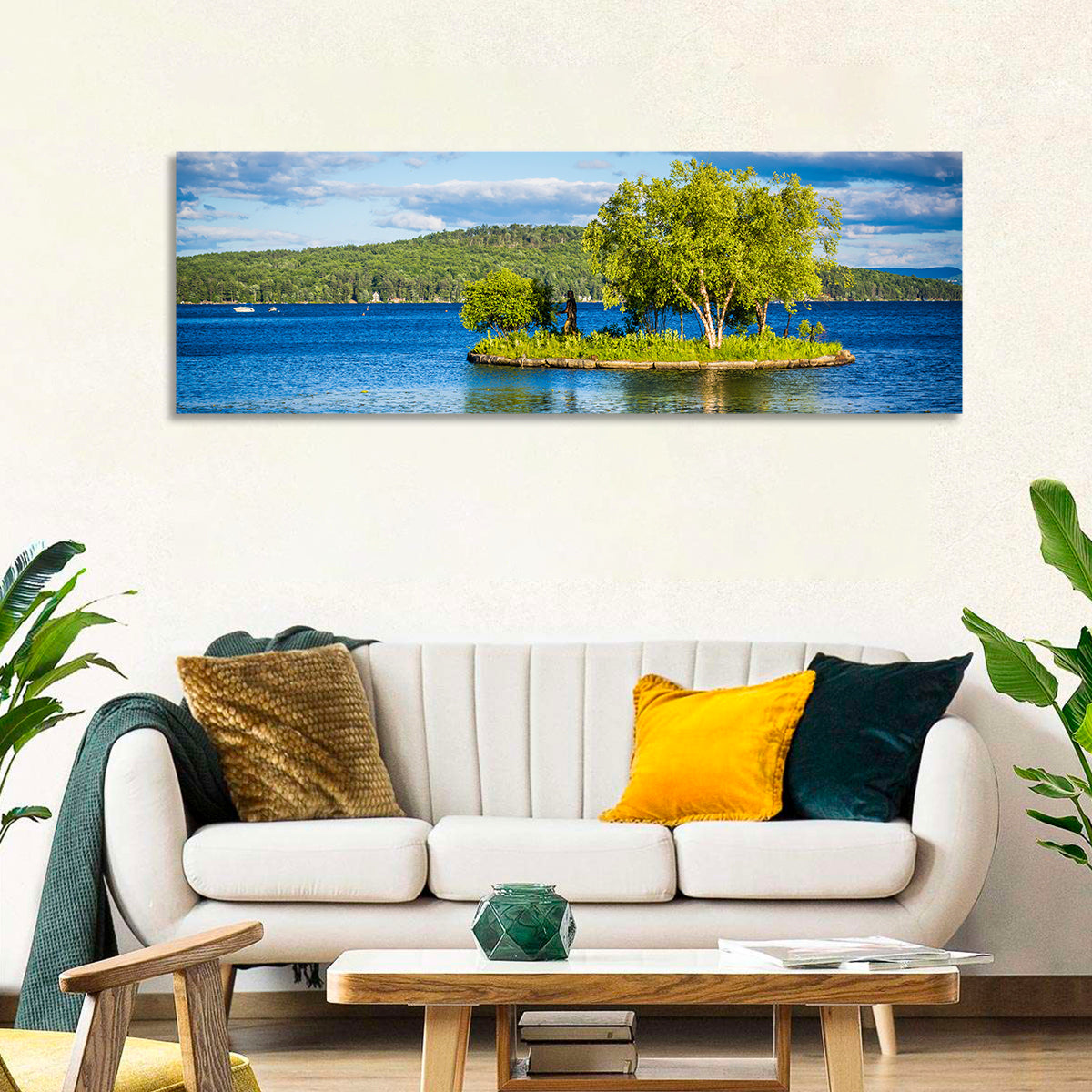 Lake Winnipesaukee Landscape Wall Art in a room, panoramic