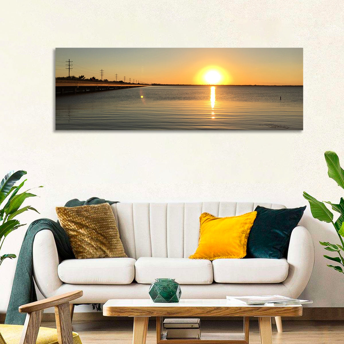 Lake Ray Hubbard Sunset Reflection Wall Art in a room, panoramic