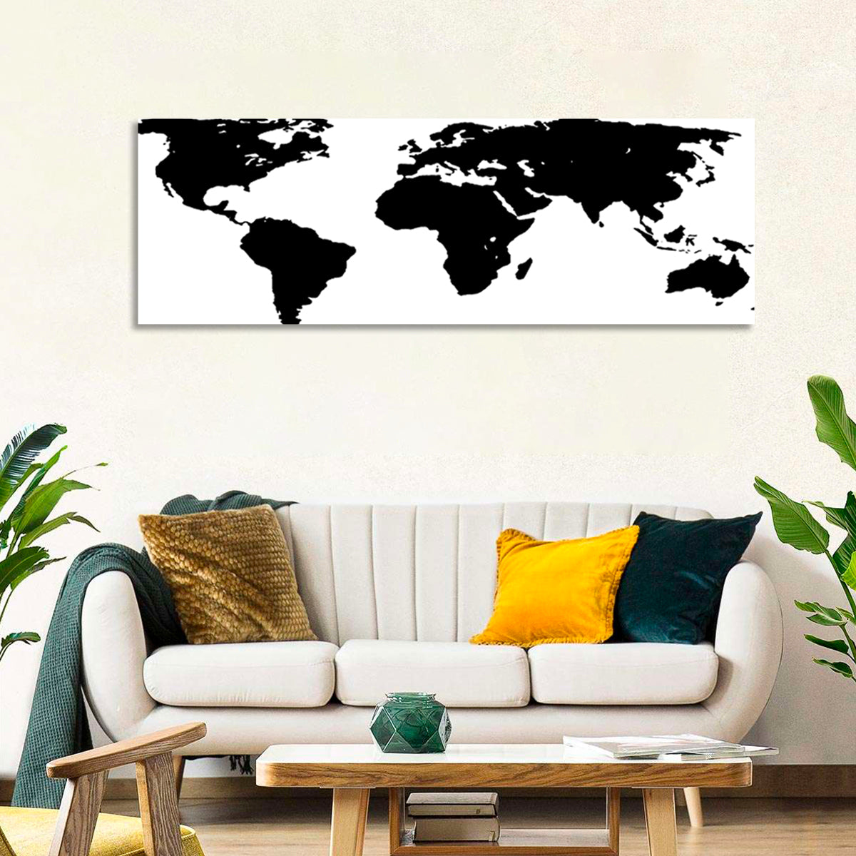 Minimalist Black World Map Wall Art in a room, panoramic