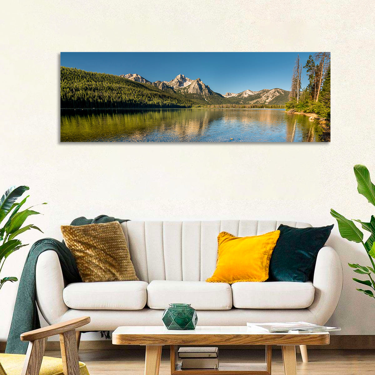 Morning Light at Stanley Lake Wall Art in a room, panoramic