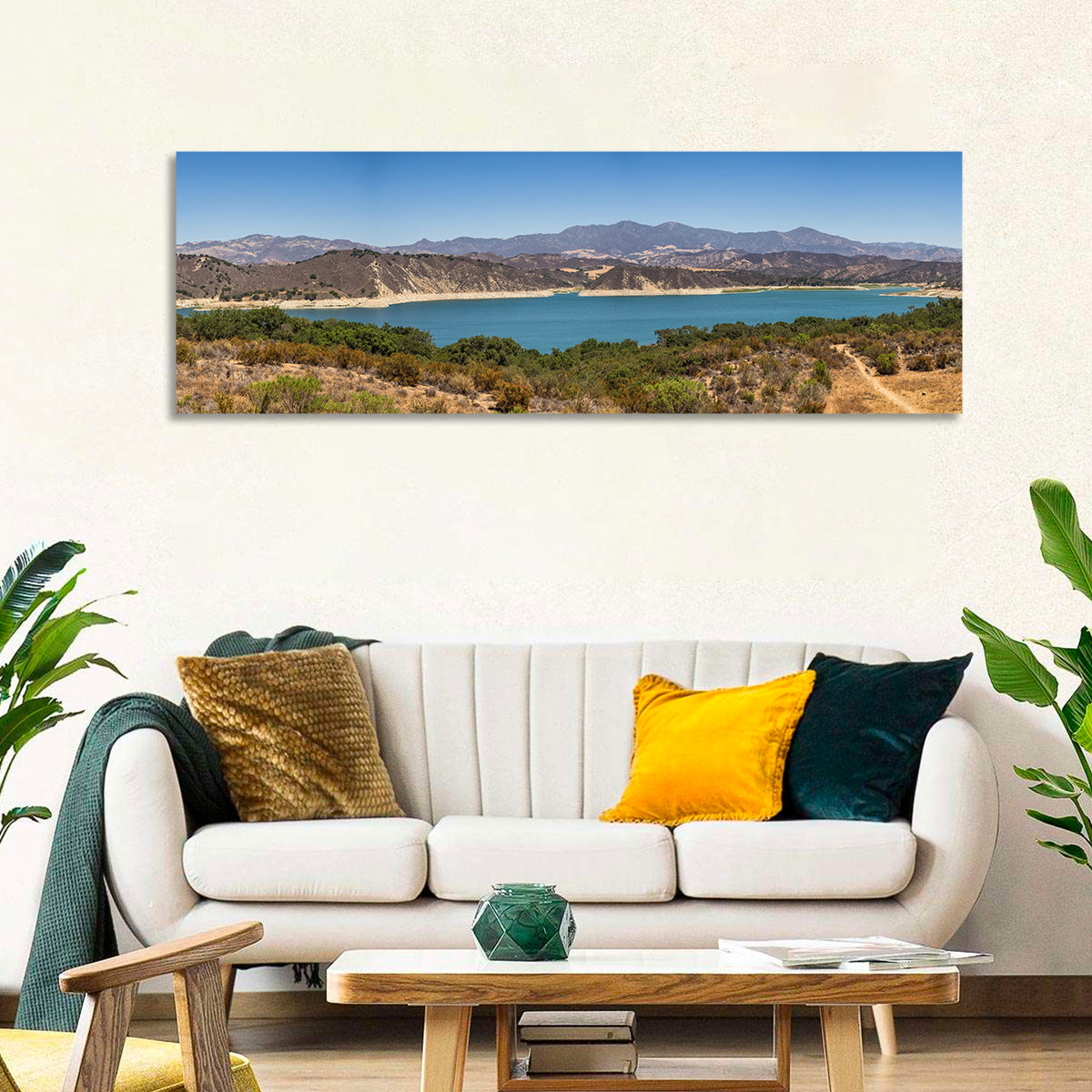 Lake Cachuma Wall Art in a room, panoramic