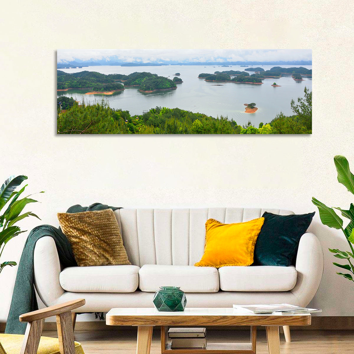 Qiandao Lake Islands View Wall Art in a room, panoramic