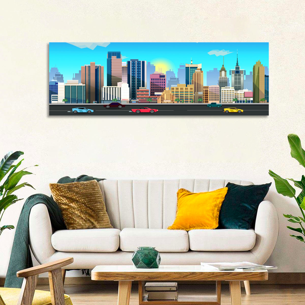 Geometric City Skyline with Sun Flare Wall Art in a room, panoramic