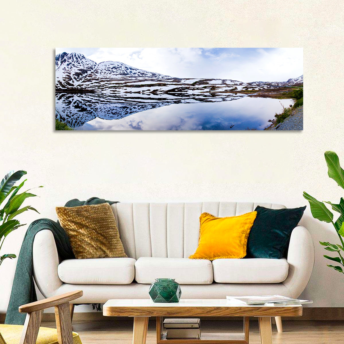 Alaskan Glacial Lake Wall Art in a room, panoramic