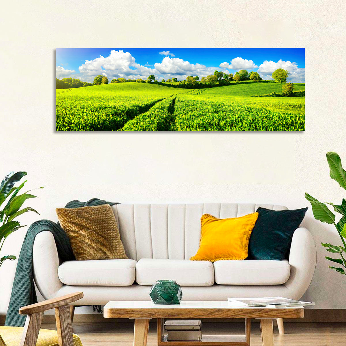 Tractor Tracks Through Green Rolling Hills Wall Art in a room, panoramic