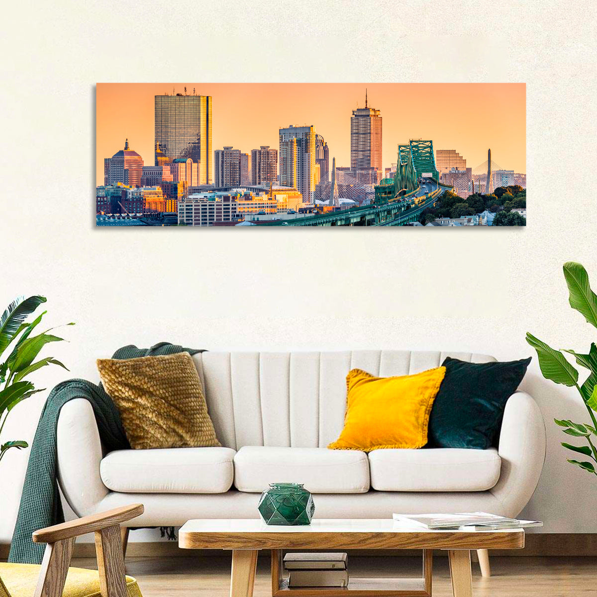 Tobin Bridge to Boston Skyline at Golden Hour Wall Art in a room, panoramic