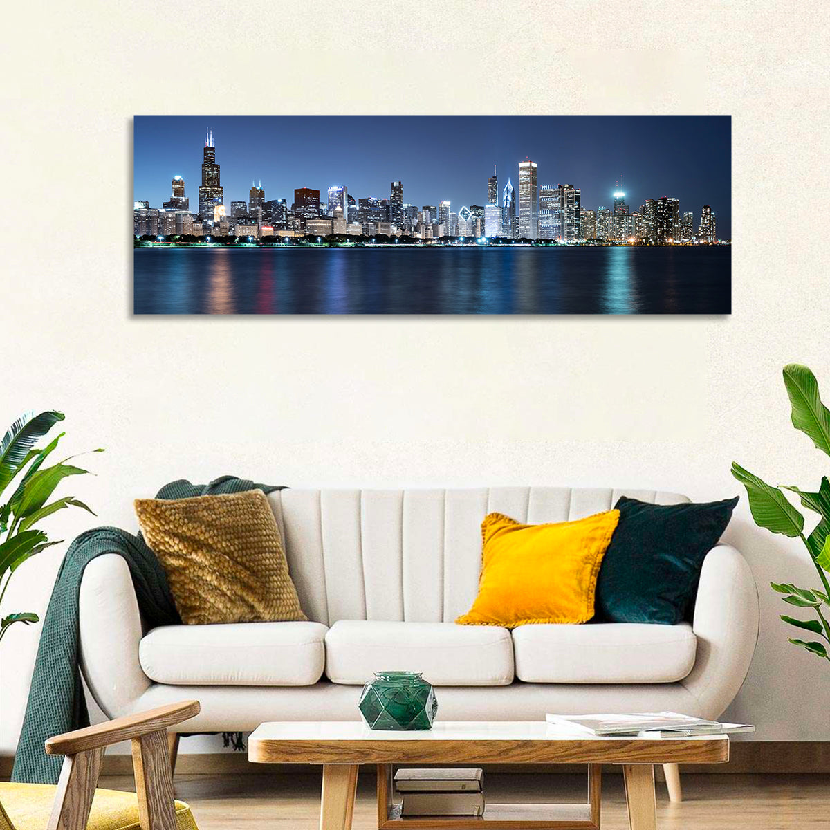 Chicago Night Skyline Wall Art in a room, panoramic