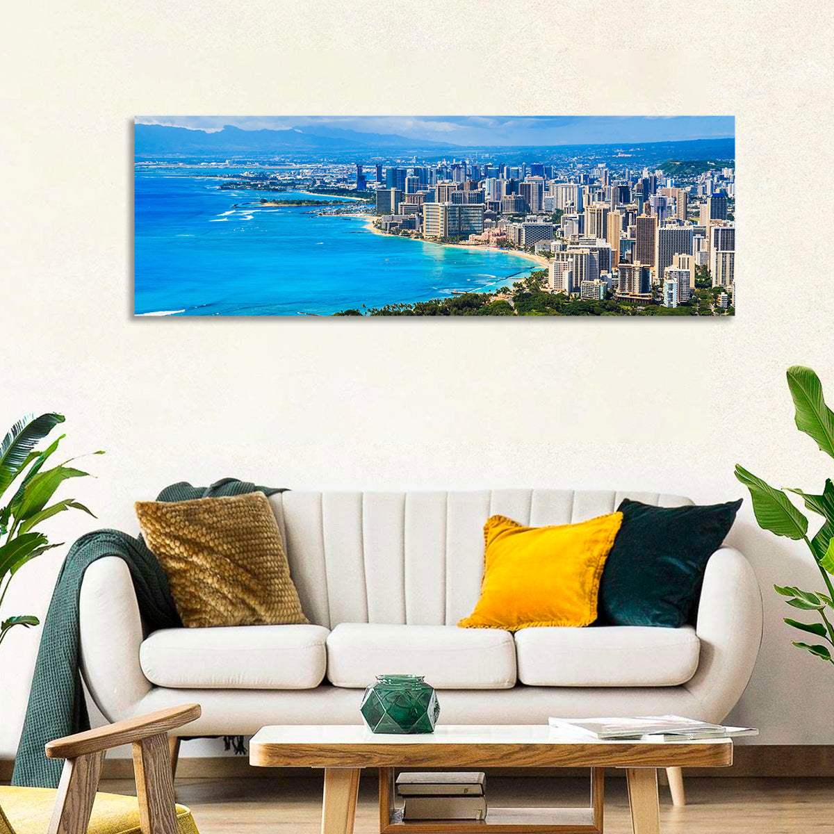 Honolulu Skyline Wall Art in a room, panoramic