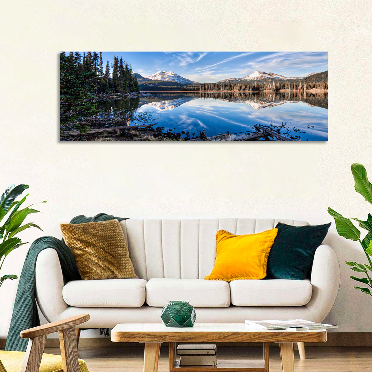 Sparks Lake Reflection Wall Art in a room, panoramic
