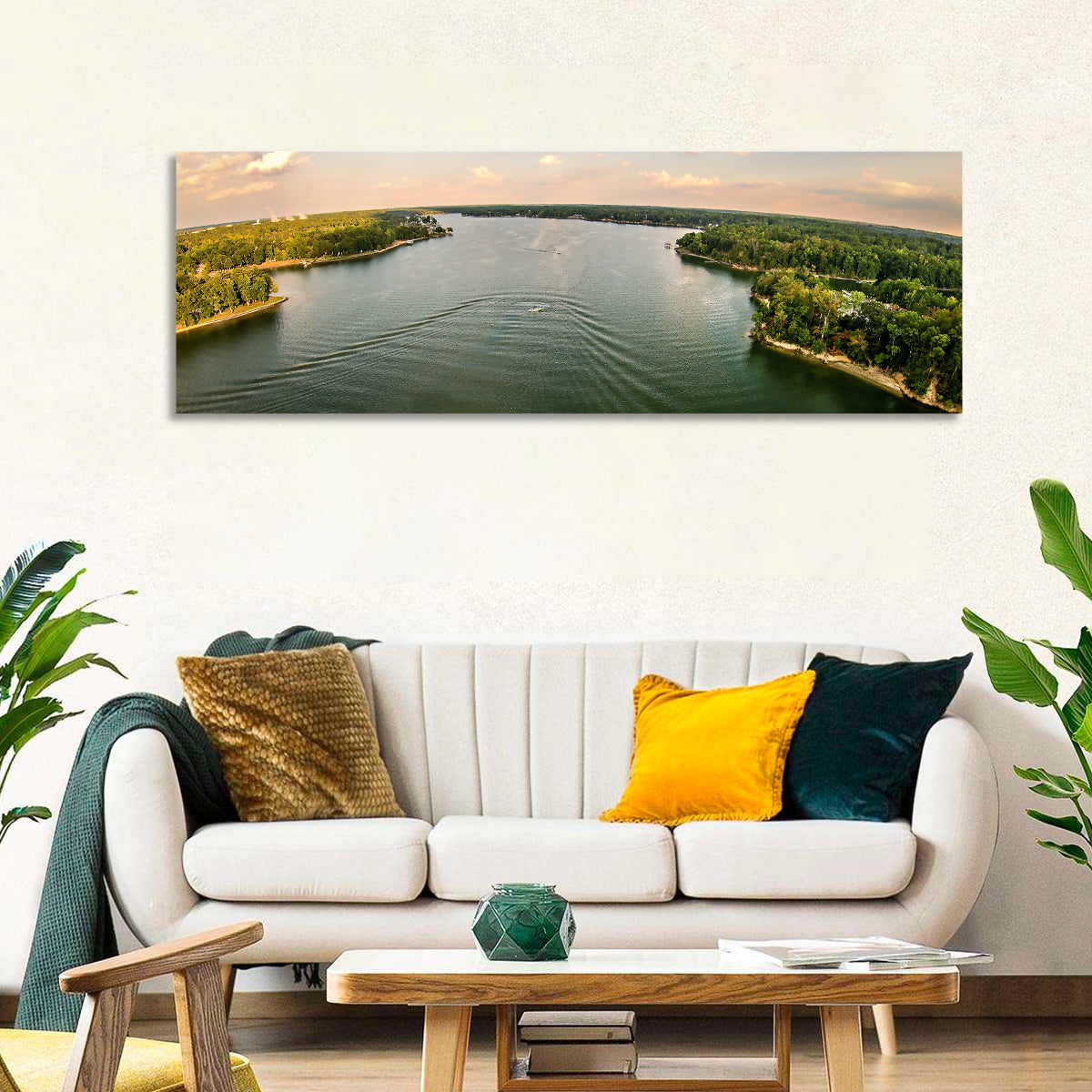 Lake Wylie Golden Hour Wall Art in a room, panoramic