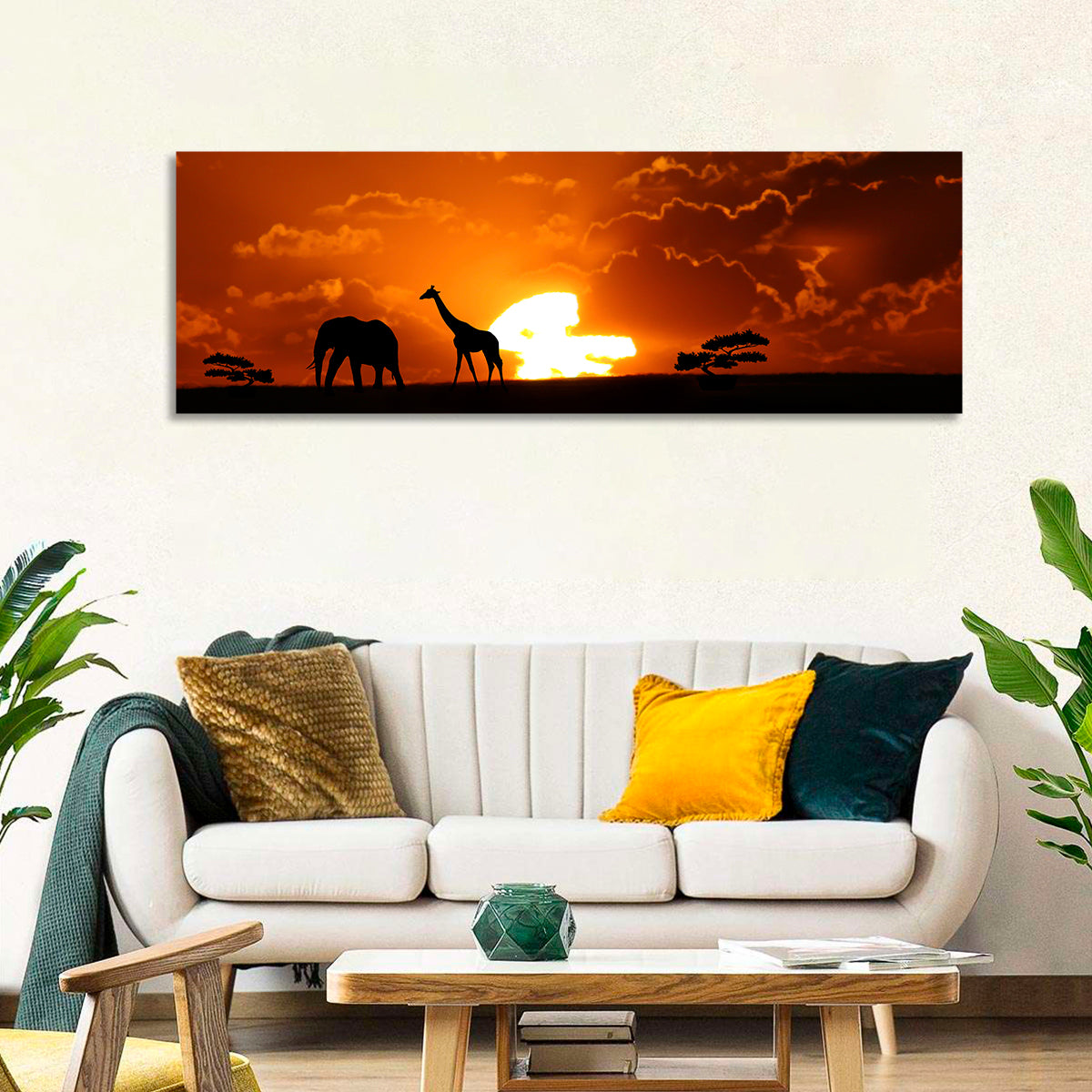 Safari Sunset Silhouettes Wall Art in a room, panoramic
