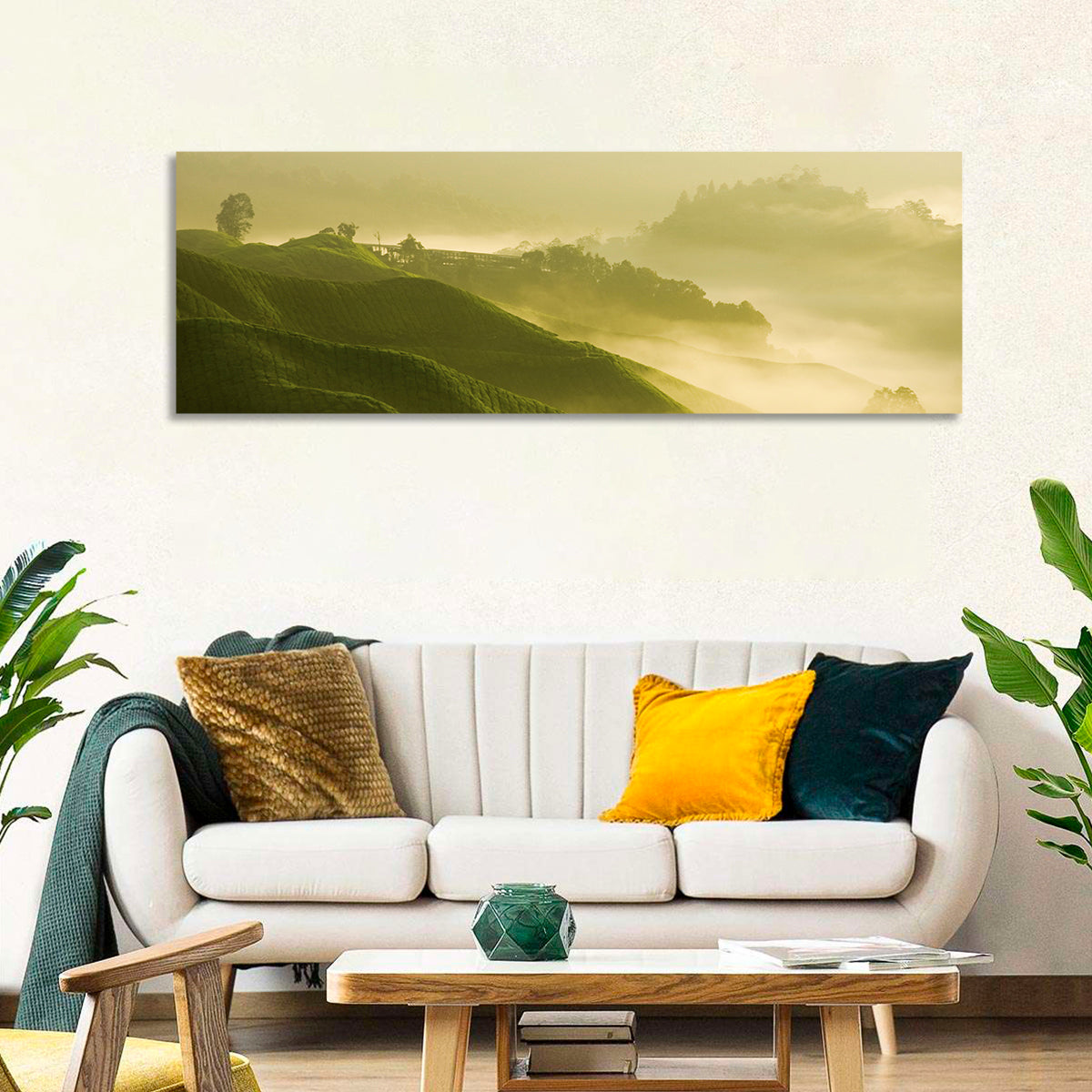 Tea Plantation Morning Mist Wall Art in a room, panoramic