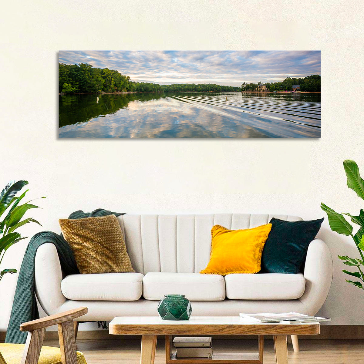 Cloudy Lake Norman Landscape Wall Art in a room, panoramic