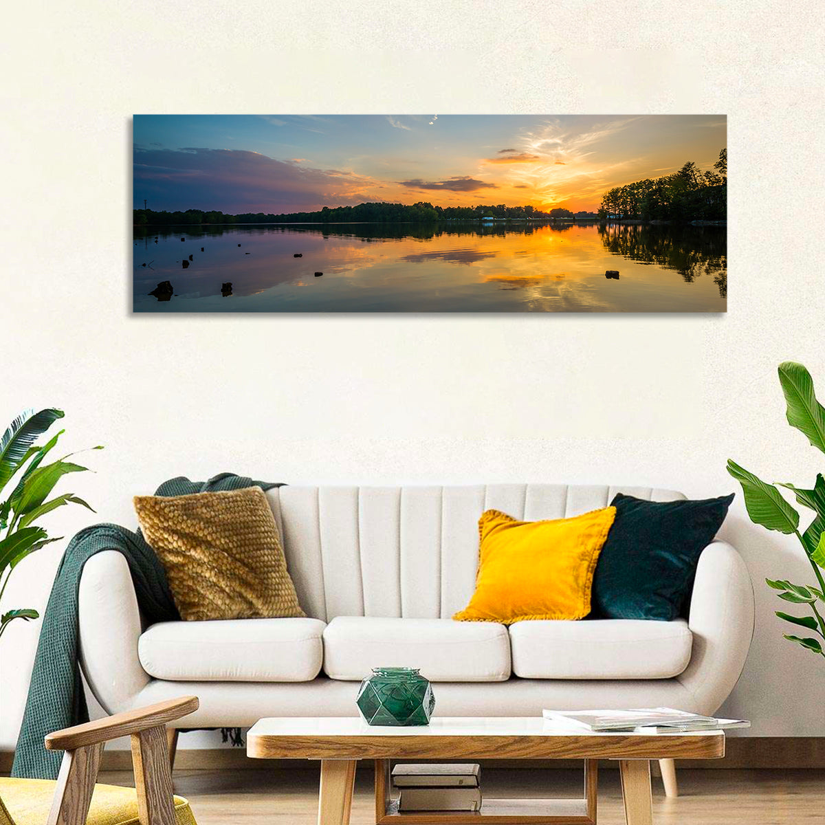 Lake Norman Sunset Reflection Wall Art in a room, panoramic