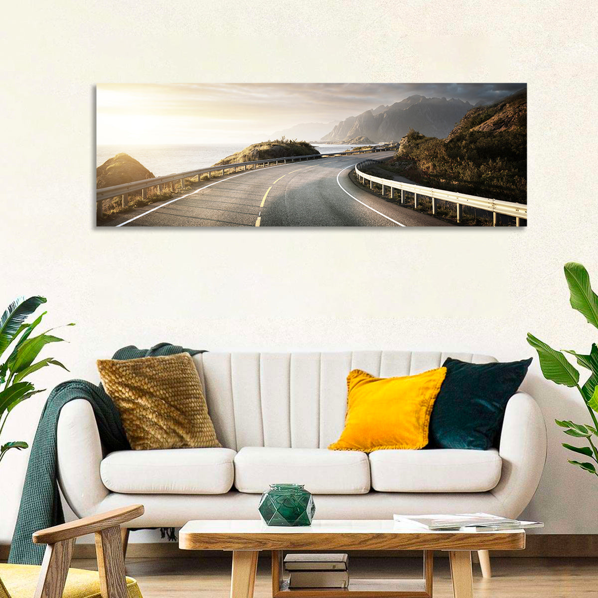 Golden Sunrise Coastal Road Wall Art in a room, panoramic