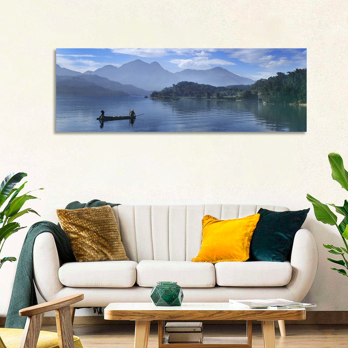 Sun Moon Lake Morning Mist Wall Art in a room, panoramic
