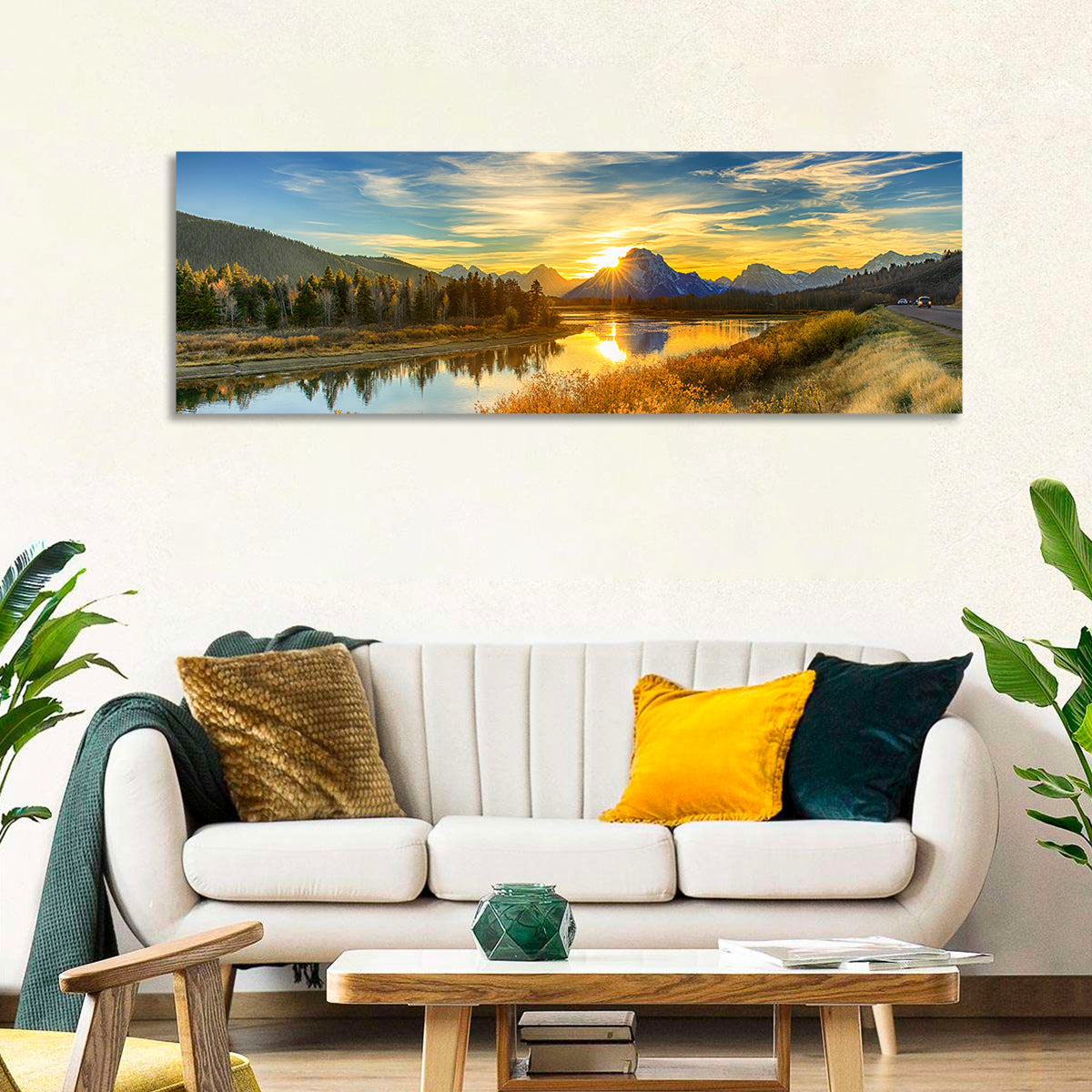 Oxbow Bend Sunrise Wall Art in a room, panoramic
