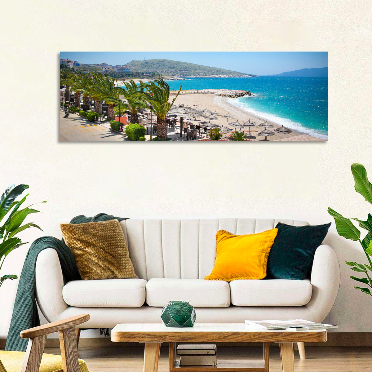 Saranda Seaside View Wall Art in a room, panoramic
