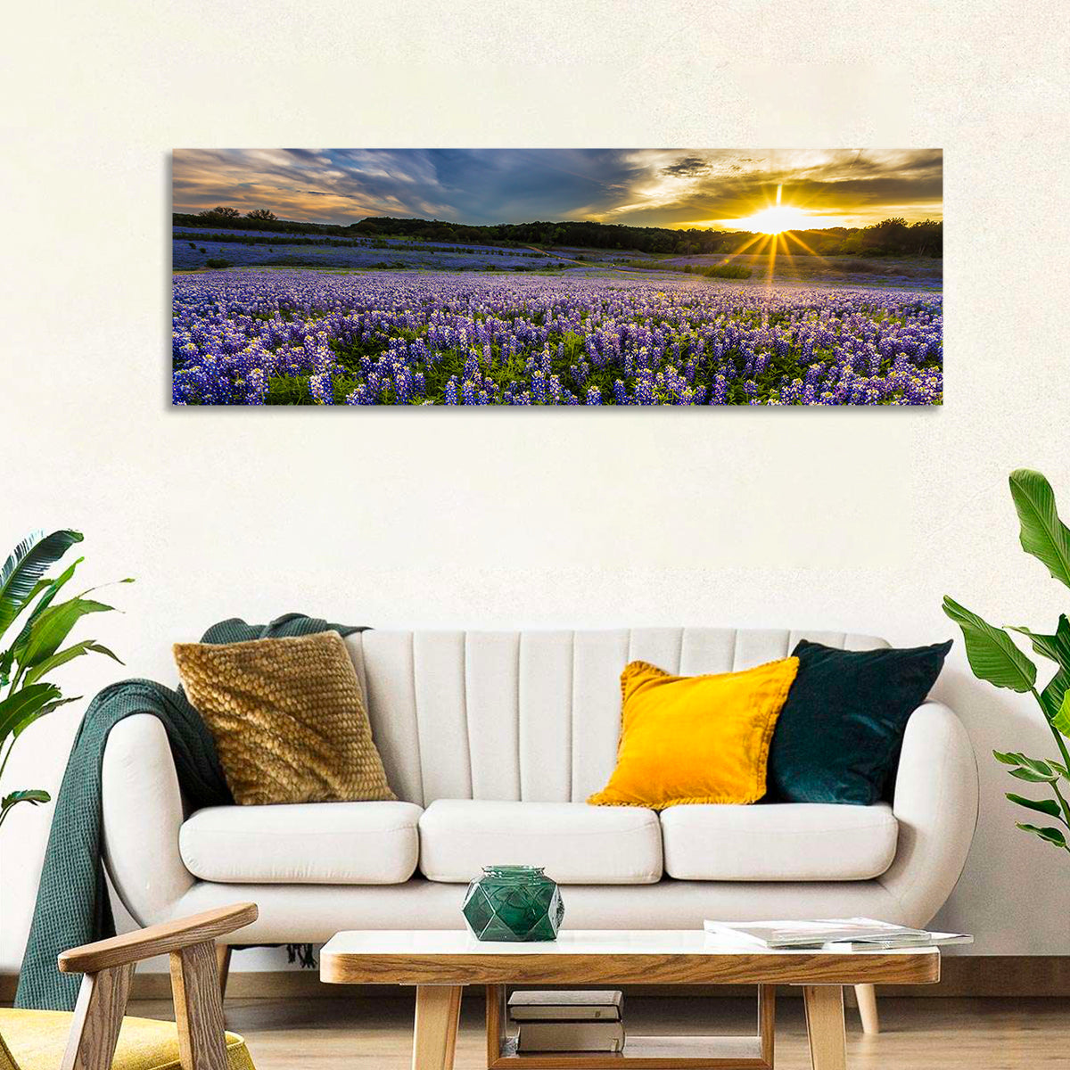 Texas Bluebonnet Field at Sunset Wall Art in a room, panoramic