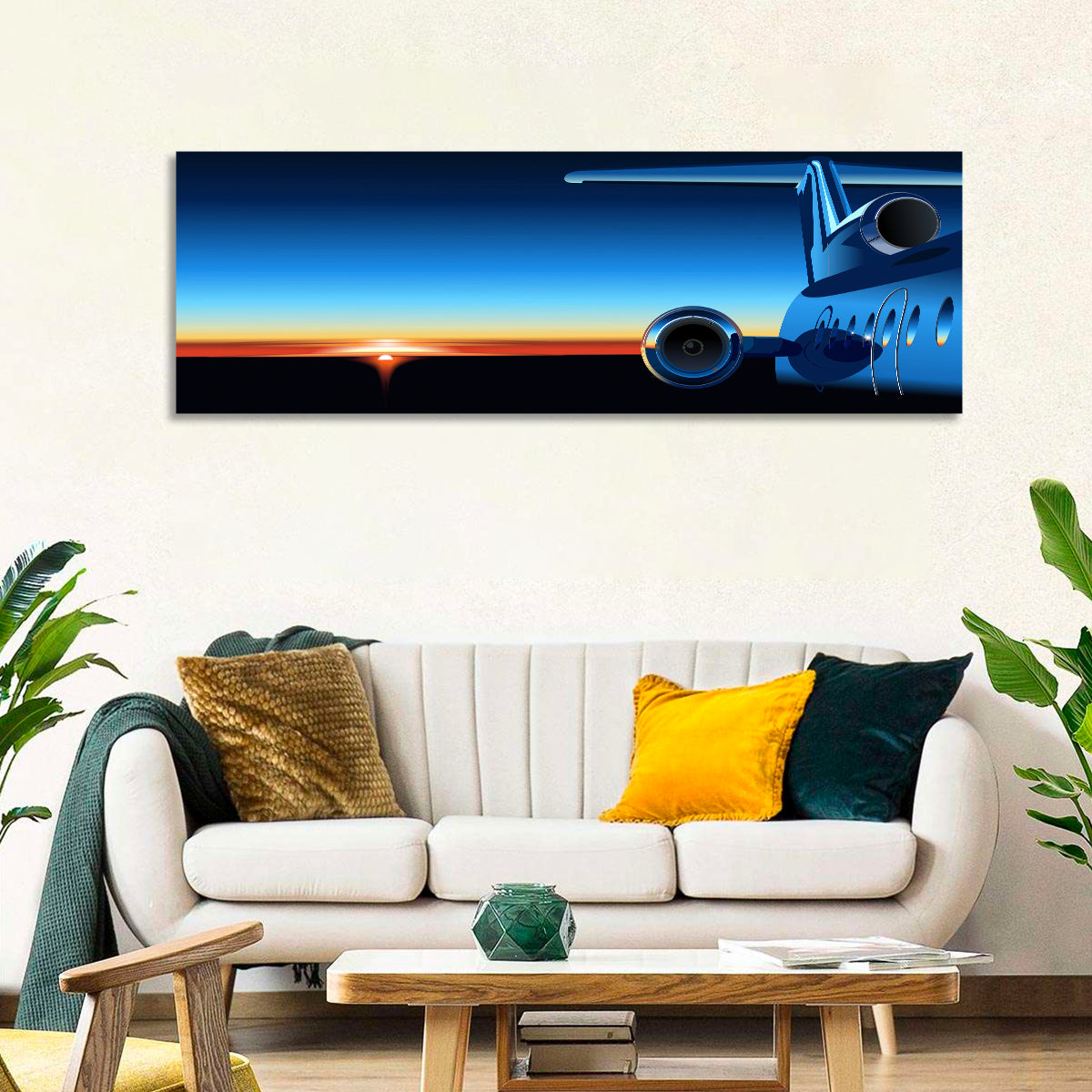 Private Jet Sunrise Wall Art in a room, panoramic