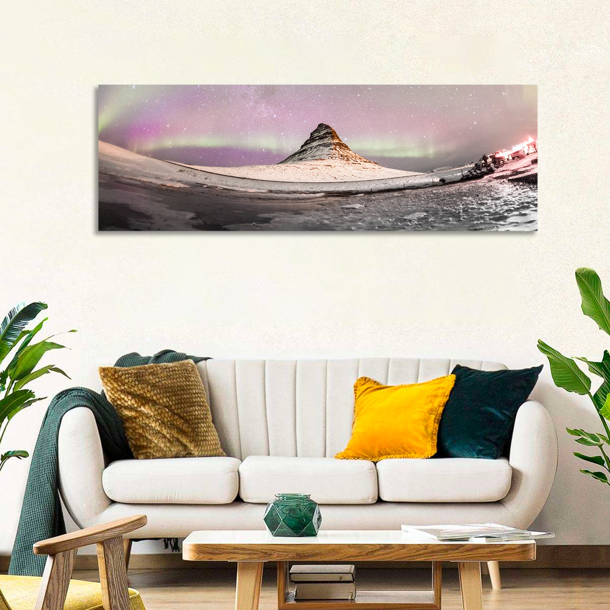 Aurora Over Kirkjufell Wall Art in a room, panoramic