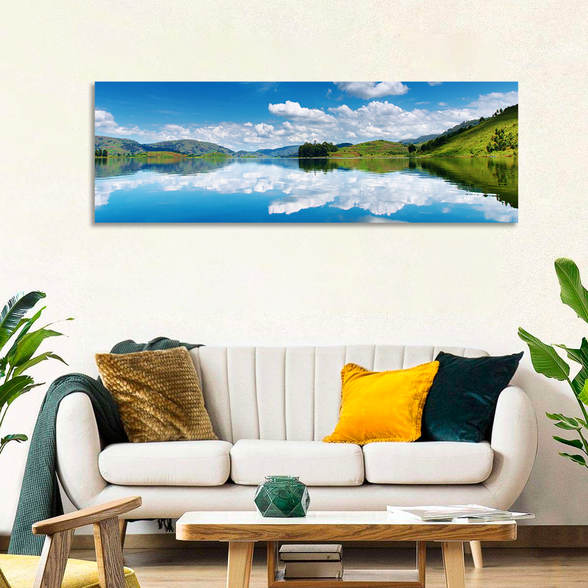 Bunyonyi Lake Reflection Wall Art in a room, panoramic