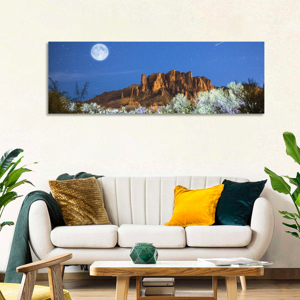 Moonlit Superstition Mountains Arizona Wall Art in a room, panoramic