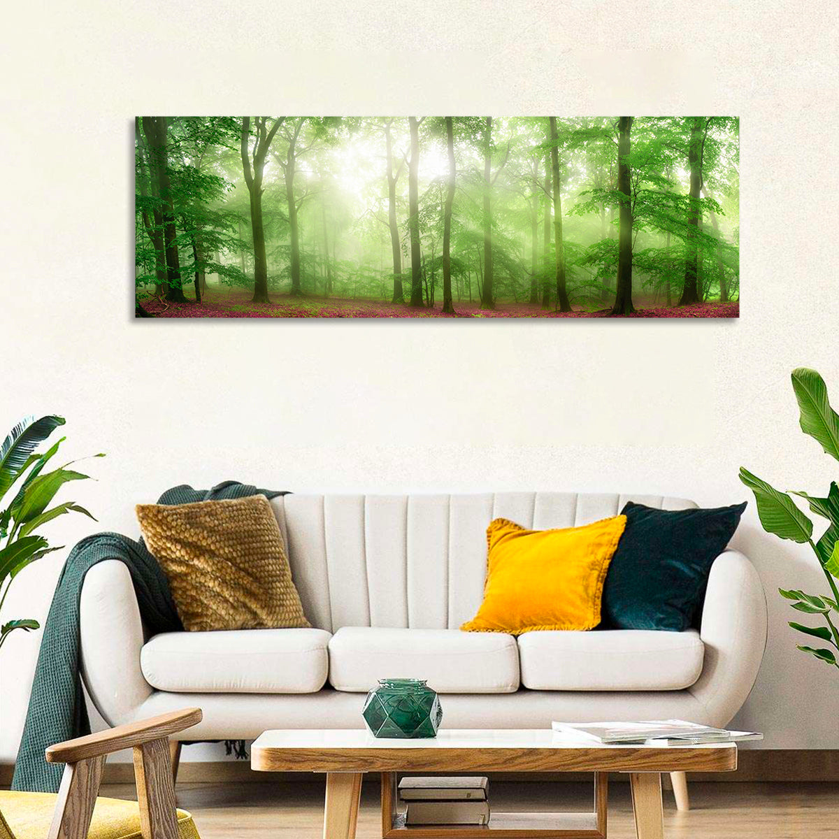 Sunlit Misty Forest Wall Art in a room, panoramic