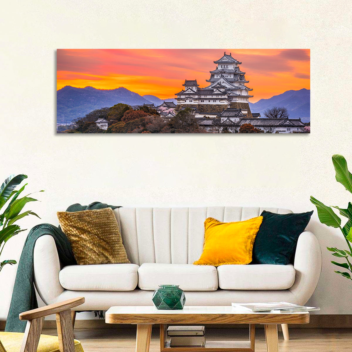 Himeji Castle at Sunrise Wall Art in a room, panoramic