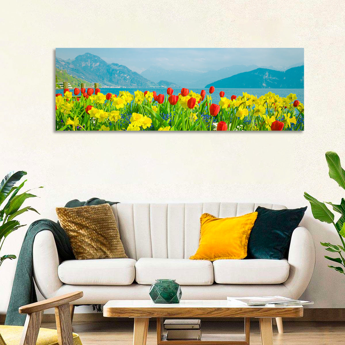 Lake Lucerne Daffodils Wall Art in a room, panoramic