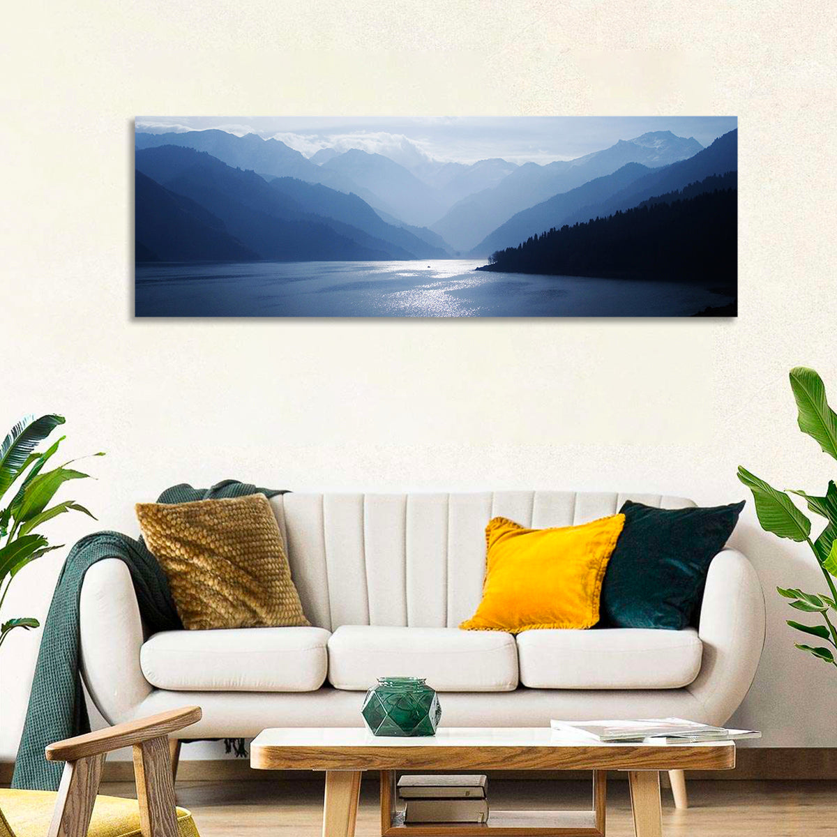 Xinjiang Lakeshore Serenity Wall Art in a room, panoramic