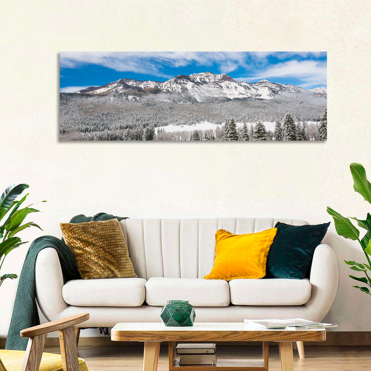 Colorado Snowy Mountain Cabin Wall Art in a room, panoramic