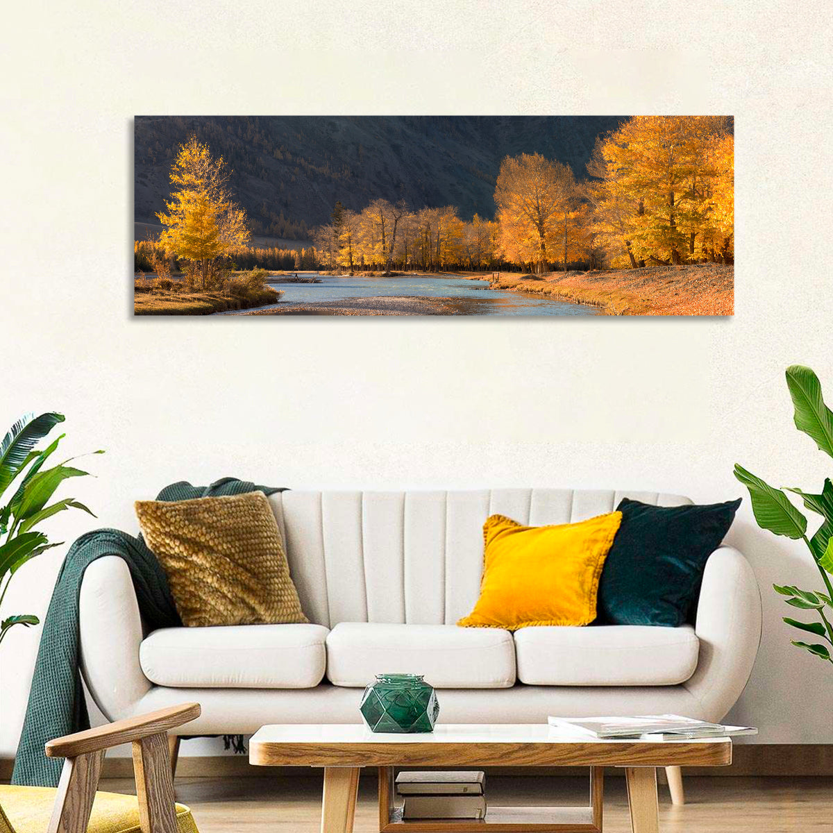 Autumn River Through Golden Forest Wall Art in a room, panoramic