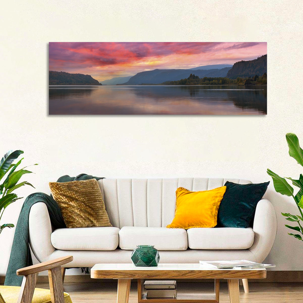 Sunrise Over River Gorge Wall Art in a room, panoramic