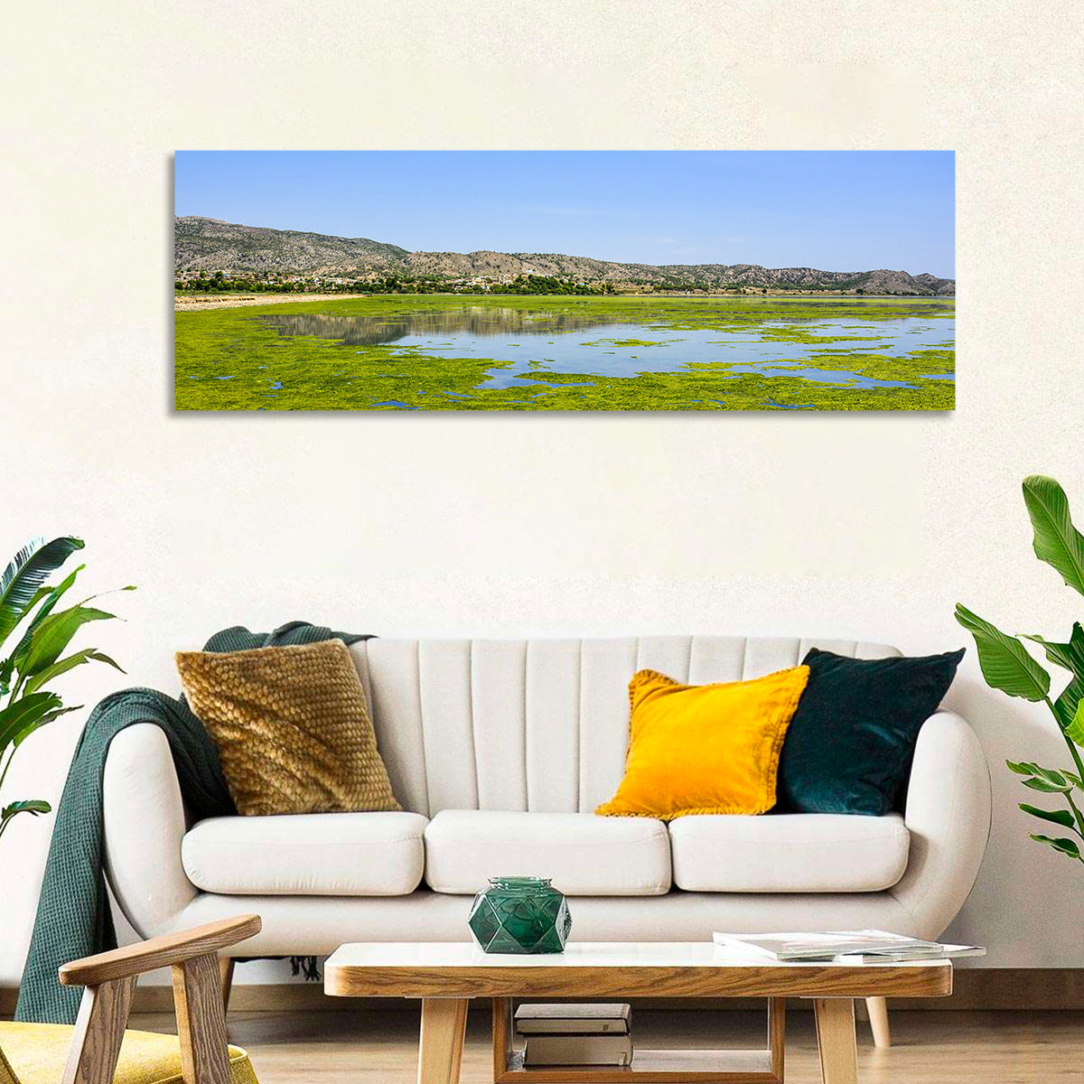Uchali Lake Algae Reflection Wall Art in a room, panoramic