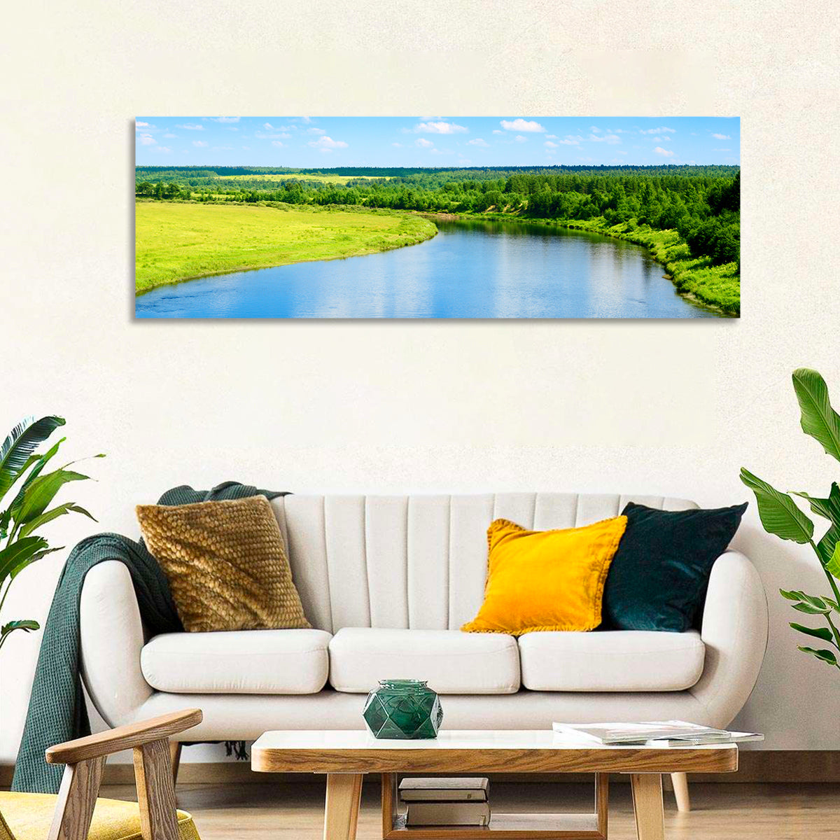 Blue River Meadow Wall Art in a room, panoramic