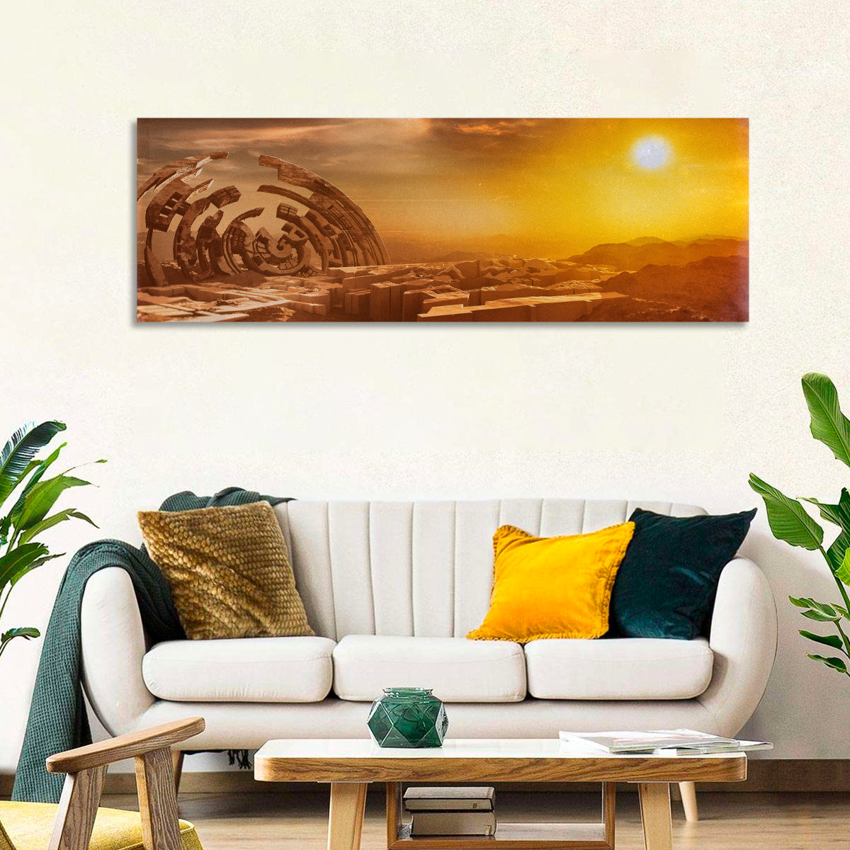 Deserted Alien Planet at Dusk Wall Art in a room, panoramic