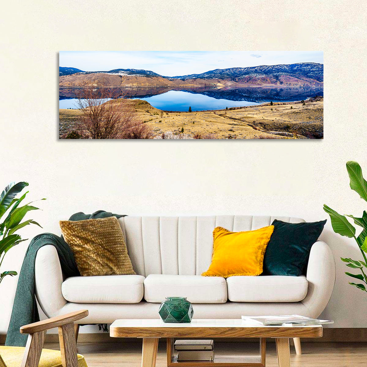 Kamloops Lake Winter Reflection Wall Art in a room, panoramic