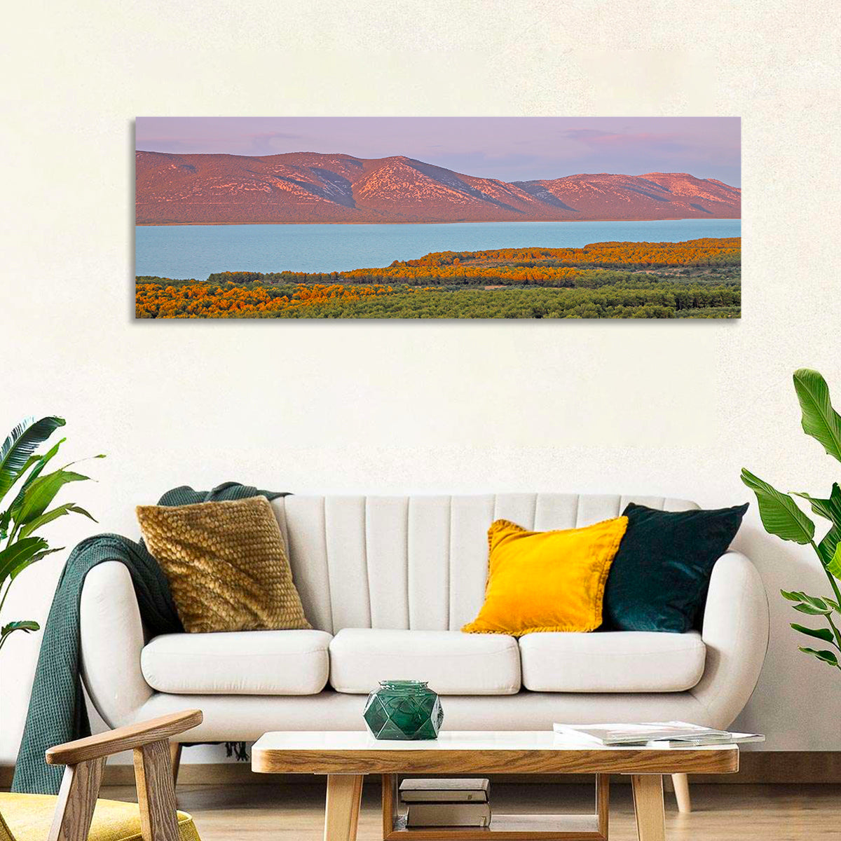 Lake Vrana Golden Hour Wall Art in a room, panoramic