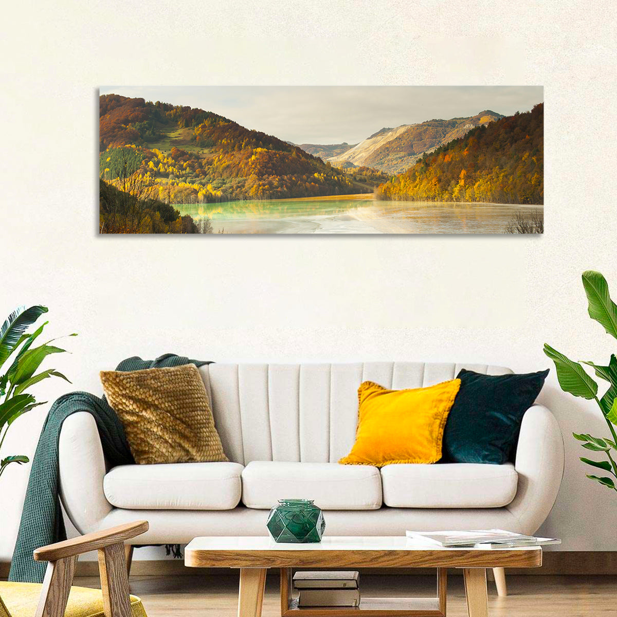 Bright Green Tailings Lake Wall Art in a room, panoramic