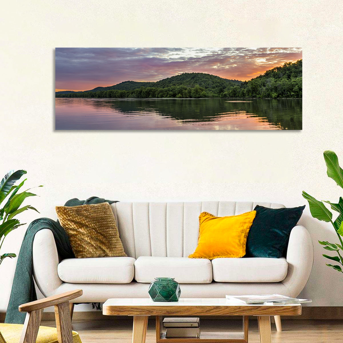 Ohio River Paden City at Dusk Wall Art in a room, panoramic