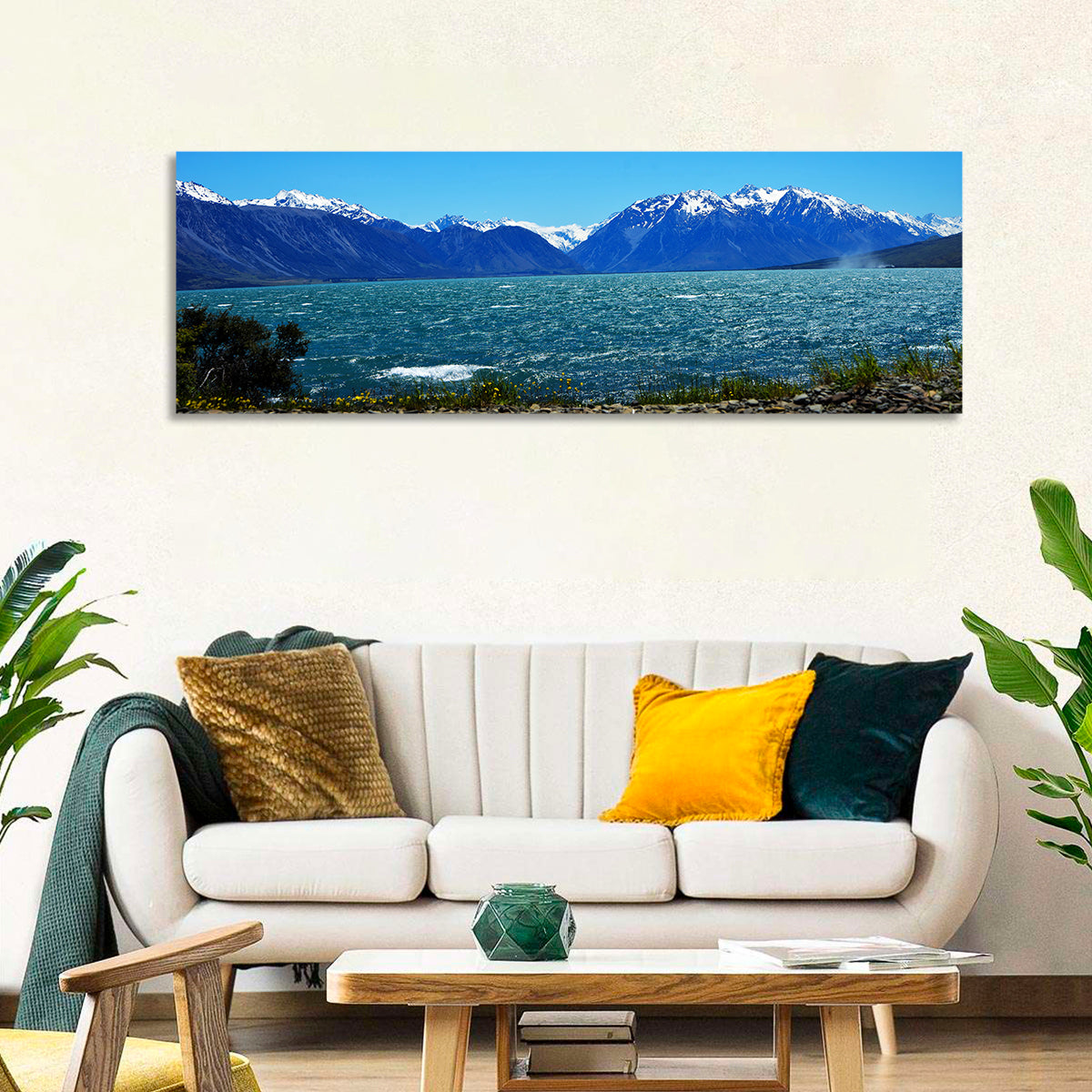 Lake Ohau Snow Peaks Wall Art in a room, panoramic