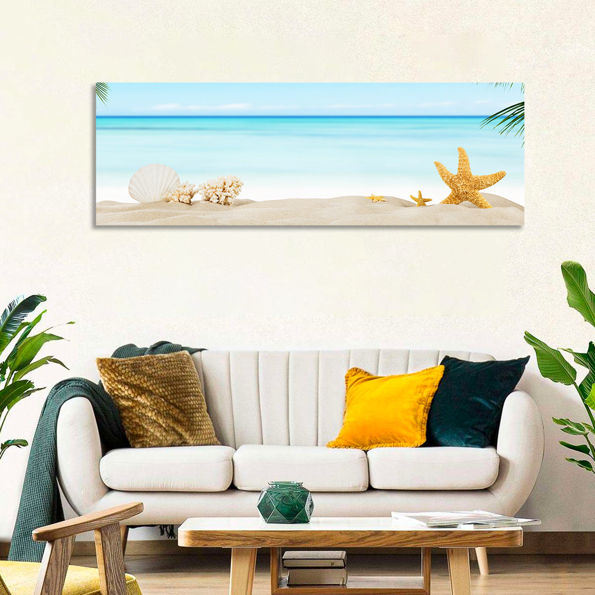 Seashell and Starfish Beach Still Life Wall Art in a room, panoramic