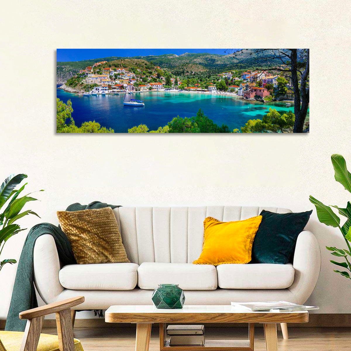 Assos Village Harbor View Wall Art in a room, panoramic