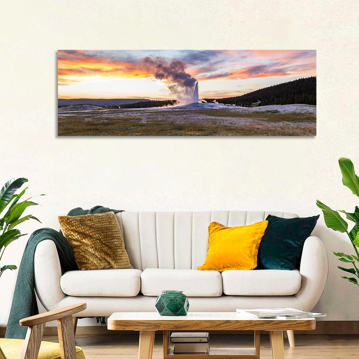 Old Faithful Erupting at Sunset Wall Art in a room, panoramic