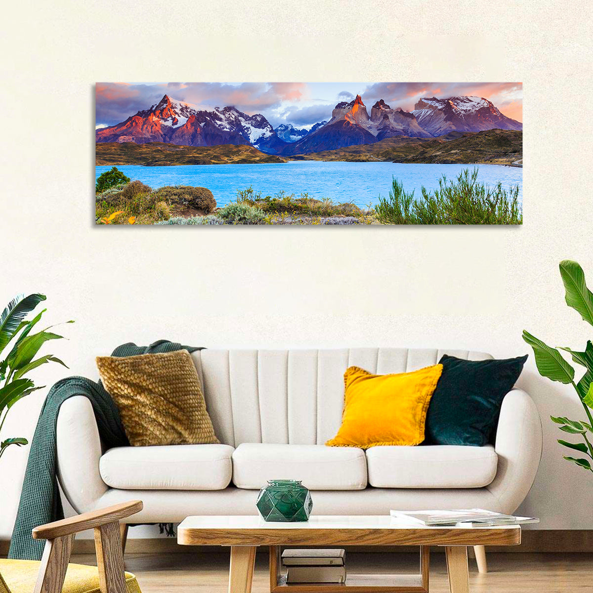 Lake Pehoe at Dawn Wall Art in a room, panoramic