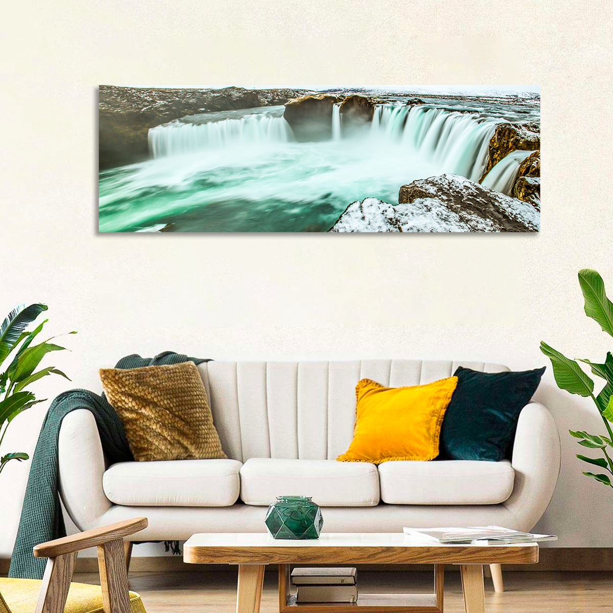 Goðafoss Winter Waterfall Wall Art in a room, panoramic