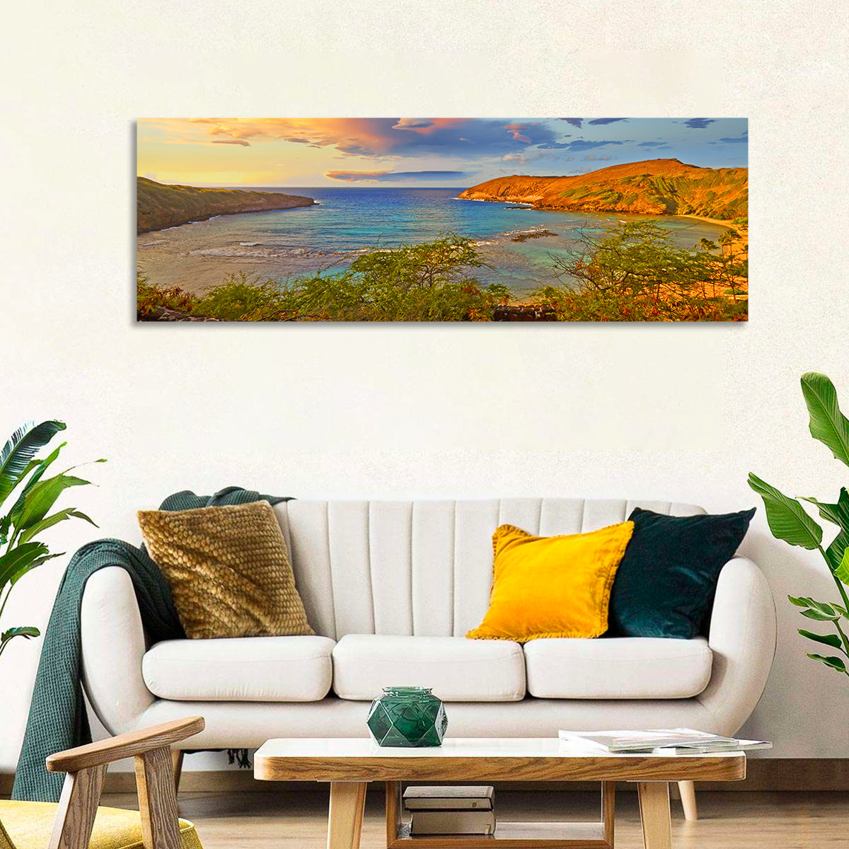 Hanauma Bay Golden Hour Wall Art in a room, panoramic