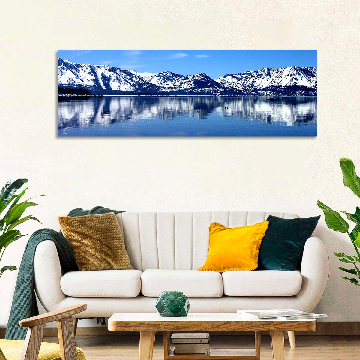 Lake Tahoe Mountain Reflection Wall Art in a room, panoramic